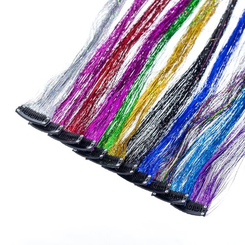 SWACC 22 Pcs Colored Party Highlights Clip on in Hair Extensions Multi-Colors Hair Streak Synthetic Hairpieces (11 Colors 22 Pcs in Set -Sparkling & Shiny Hair Tinsel Strands)