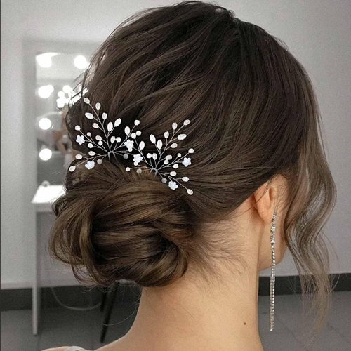 Foryysa Bridal Wedding Hair Pins for Women Silver Vine Headwear Pearl Rhinestone Flower Elegant Handmade Sparkly Bride Design (2 pcs)