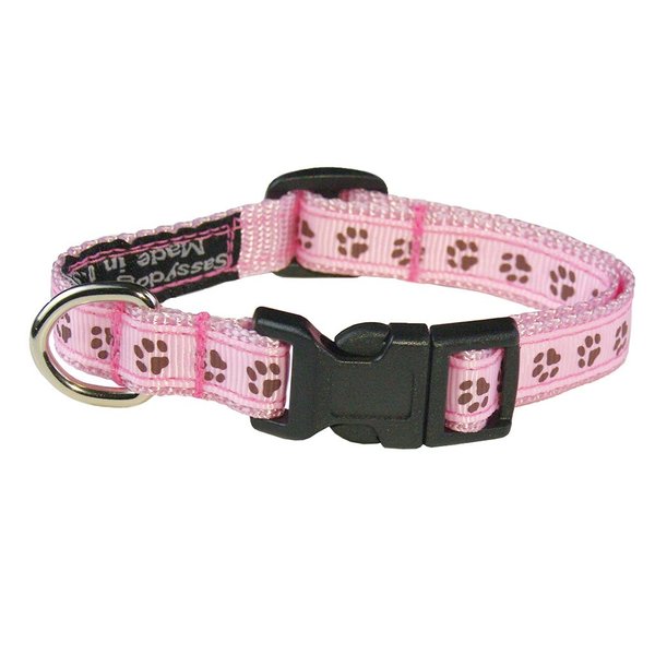 Xsmall Pink/Brown Puppy Paws Dog Collar: 1/2" wide, Adjusts 6-12" - Made in USA.