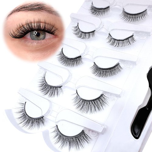 SLSXNL Self Adhesive Eyelashes Reusable Natural Look Self Adhesive Lashes Self Sticking Strip False Eyelashes with Tweezer 5 Pairs