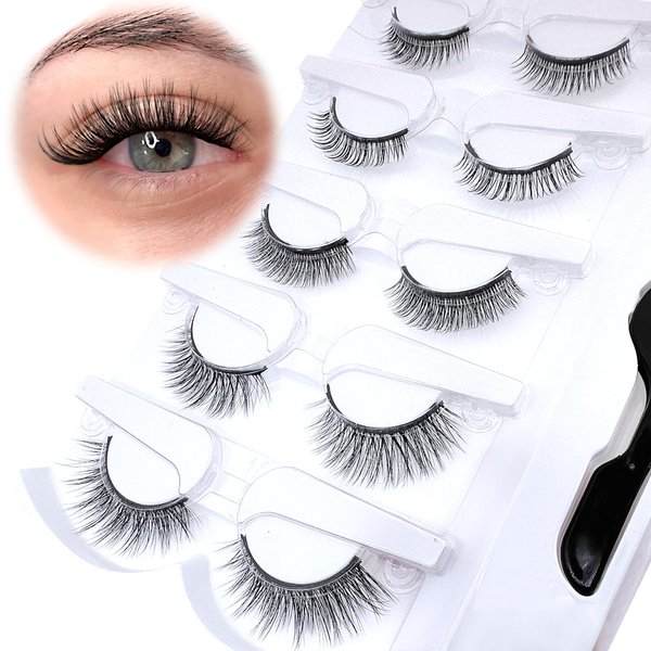 SLSXNL Self Adhesive Eyelashes Reusable Natural Look Self Adhesive Lashes Self Sticking Strip False Eyelashes with Tweezer 5 Pairs
