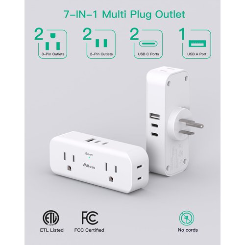 Outlet Extender, 4 Outlet Extension with 1 USB-A 2 USB-C Wall Charger, Multi Plug Outlet Splitter, Electric Wall Outet Expander for Travel, Home, Office, Dorm, Cruise Ship Essentials