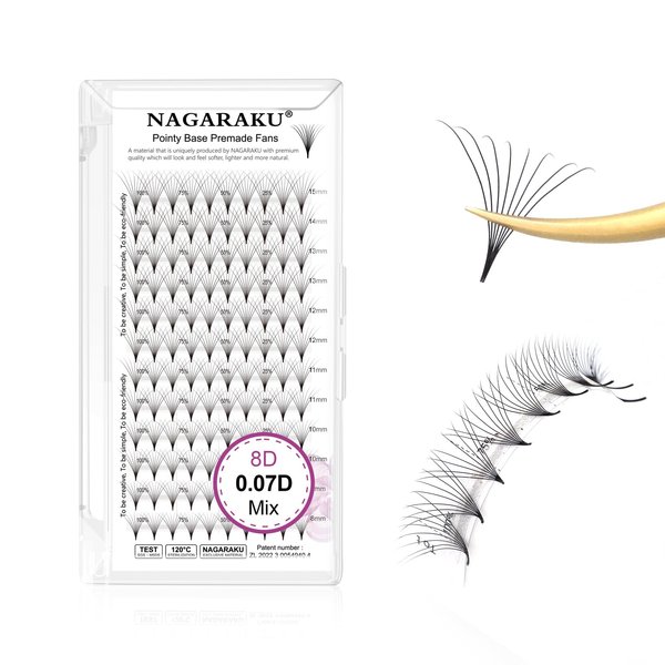 NAGARAKU Premade Fans Eyelash Extensions Premade Volume Fans Lash Extensions 120 Fans 8D 0.07D Curl 8-15mm Mix Sharp Narrow Stem Clusters Thin Pointy Base Russian Fans Ready Volume Premade Lash Fan