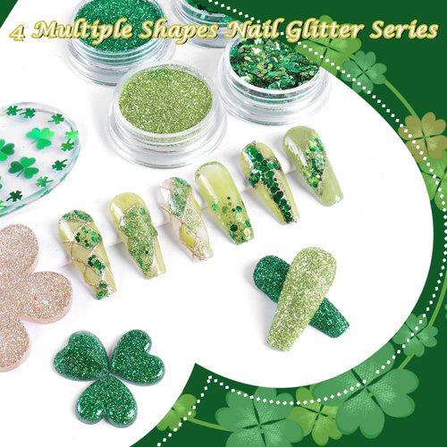 Allstarry Nail Glitter 4 Colors Shamrock Green Holographic Glitter Iridescent Chunky Nail Flakes Hexagon Face Sequins Sparkly Fine Powder for Spring St. Patrick's Day Manicure DIY Gel Polish Crafts