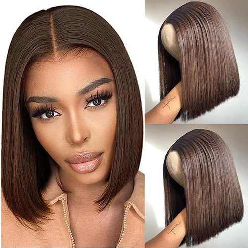 DÉBUT Medium Brown T Part Short Bob Wigs Lace Front Human Hair Wigs for Black Women Brazilian Virgin Straight Hair Middle Part 13x4x1 Wigs Chocolate Brown 10 Inches