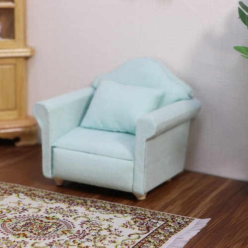 Dollhouse Couch Miniature Furniture Sofa with Pillows for Living Room Desktop Decoration Fabric Sofa Mini Home Scene Accessories Ornament (Single Sofa, Green)
