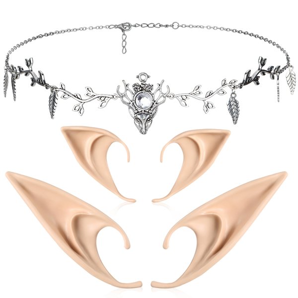 FRESHME Elf Ears with Deer Head Chain, Sliver Antler Headpieces and Fairy Ears Viking Vintage Headbands Headdress Jewelry for Women Girls Masquerade Halloween Cosplay Costume Hair Accessories
