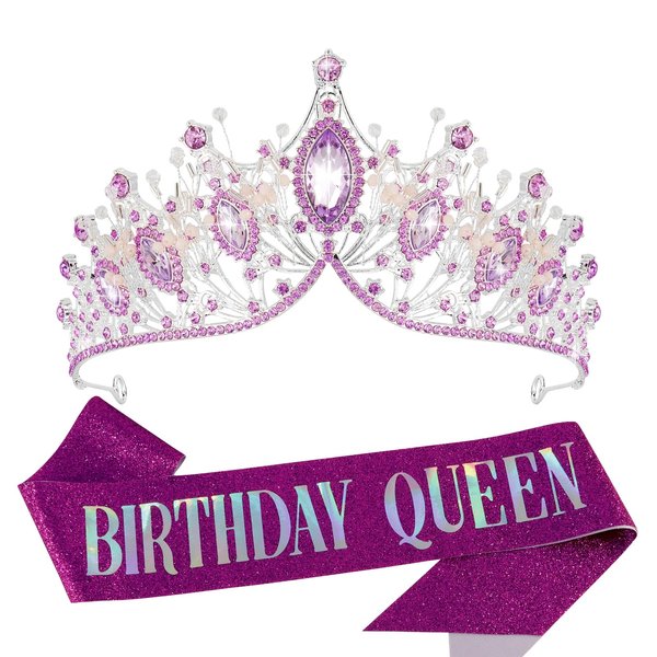 Velscrun Purple Crystal Birthday Tiara Crowns for Women Girls Elegant Queen Crown Headband Birthday Queen Sash Happy Birthday Queen Party Decorations Birthday Cake Topper Hair Accessories