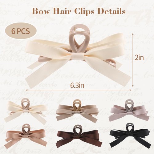 Auseibeely 6 PCS Bow Clips, Big Bow Knot Hair Clips, Silky Satin Bow Hair Clips for Women Girls, Non Slip Bow Claw Clips for Thin Thick Hair, Hair Claw Clips with Bows, Ideal Gifts for Wedding Bridesm