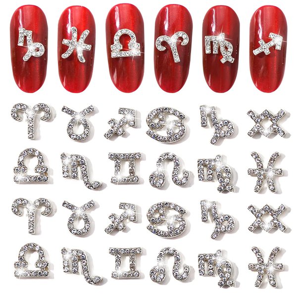 WOKOTO 24Pcs Silver Zodiac Nail Charms Rhinestones For Nails Zodiac Charms For Jewelry Making Nail Art 3d Nail Zodiac Charms For Women Girls Silver Nail Charms Nail Gems Diamonds For Acrylic Nails