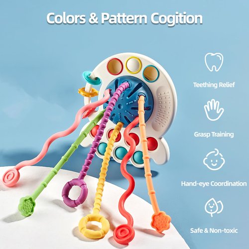 Baby Pull String Toy Sensory 6 Ropes Montessori Early Development Rattle, Motor Fine Skills Travel Toys with Activity Buttons Press Hand Coordination, Color Cognition Toddler (Octopus)