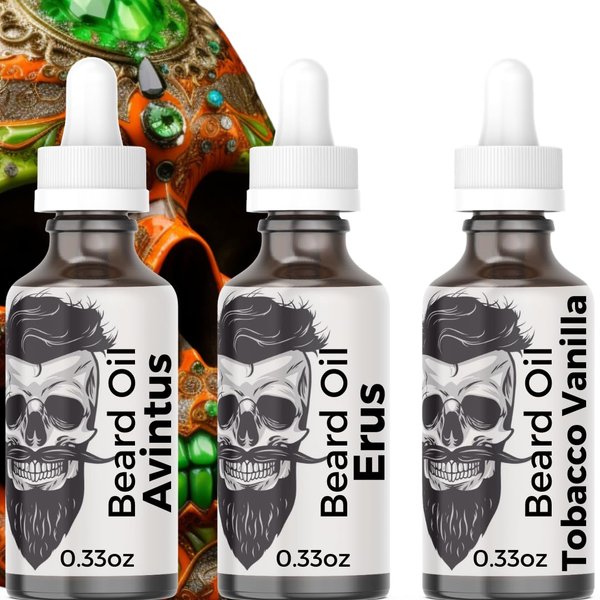Premium Anti-Aging Beard Oil for Men: Plant Retinol Fights Aging & Wrinkles| Castor Oil Boost Growth, Irresistible Scent | 11 Natural Oils (Avntus,Erus,Tobacco Vanilla) 3-0.33oz=1oz Sample Pack