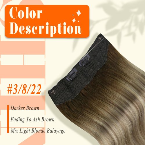 Fshine Invisible Wire Hair Extensions Real Human Hair 14 Inch Wire Human Hair Extensions Balayage Walnut Brown to Ash Brown and Butter Blonde One Piece Hair Extensions Clip in Human Hair Remy Hair 70g