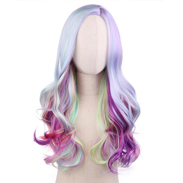 MAGQOO Rainbow Wig Kids Girls Side Part Colorful Wig Colored Wig Long Curly Wavy Wig Multi-color Hair Wigs Cosplay Costume Party Wigs