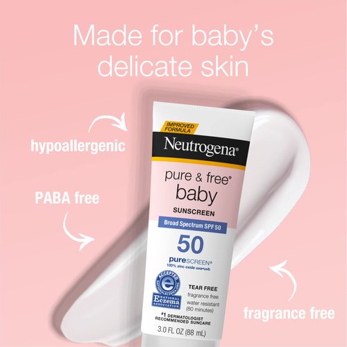 Neutrogena Pure & Free Baby Mineral Sunscreen Lotion with Broad Spectrum SPF 50 & Zinc Oxide, Water-Resistant, Hypoallergenic & Tear-Free Baby Sunscreen, 3 fl. oz