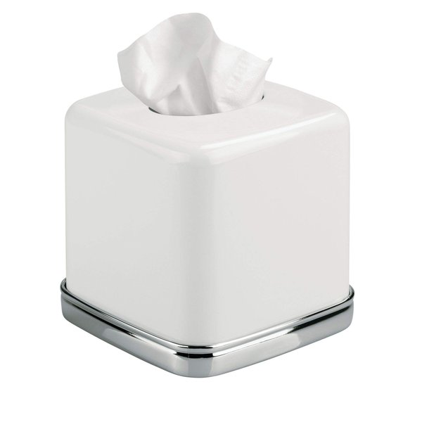 iDesign York Facial Tissue Box Cover for Bathroom and Vanity Countertops, 5.75" x 5.75" x 5.5", Chrome and White