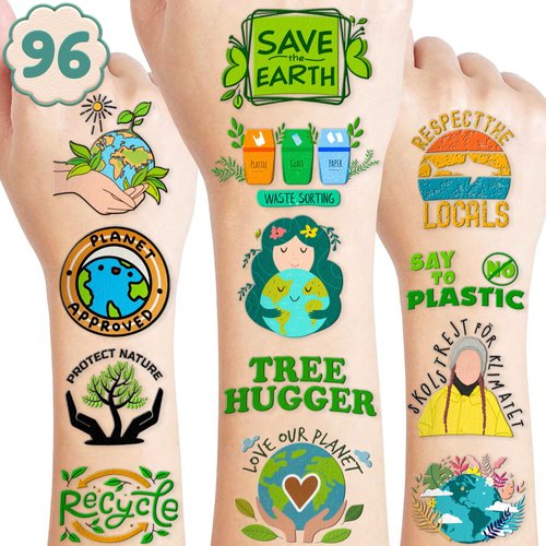 (96 PCS) Earth Day Eco Green Save Planet Temporary Tattoos Birthday Themed Party Supplies Decorations Favors Cute Environmental Protection Stickers Tattoo Gifts for Kids Girls Boys Decor Class Reward