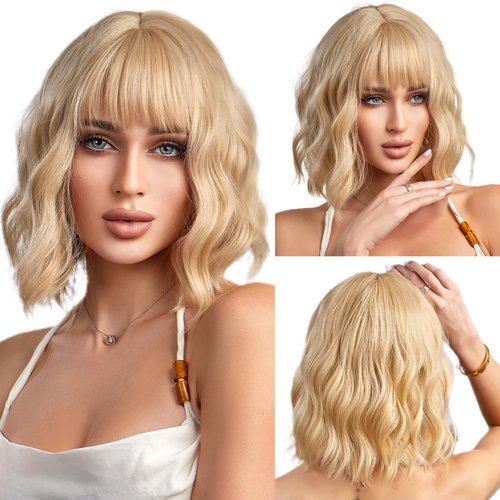 incohair 12inch Short Blonde Wig for Women Short Wavy Bob Wig with Bangs Women Synthetic Curly Pastel Bob Synthetic Party Wig for Women Daily Wear or Cosplay Wigs Wig Cap included (New Blonde)