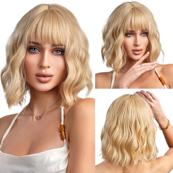 incohair 12inch Short Blonde Wig for Women Short Wavy Bob Wig with Bangs Women Synthetic Curly Pastel Bob Synthetic Party Wig for Women Daily Wear or Cosplay Wigs Wig Cap included (New Blonde)