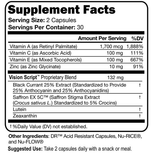Vision Script with Saffron for Macular, and Retinal Eye Health - Each Capsule Contains Saffron, Black Currant, Lutein, Zeaxanthin, Vitamin C and E, and Zinc Glycinate.