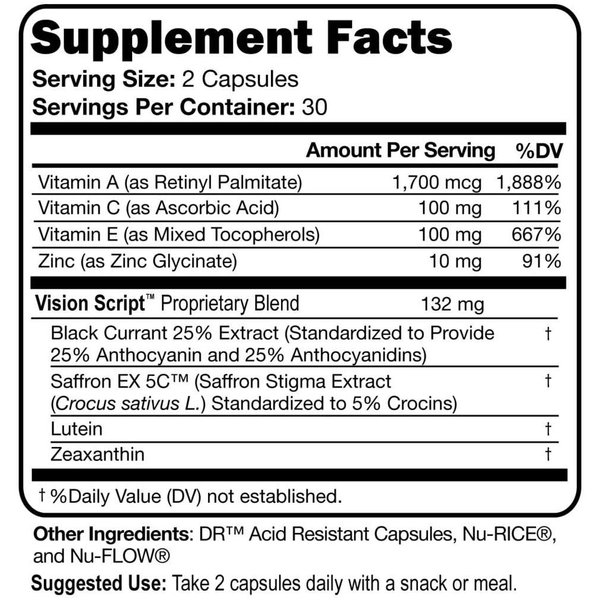 Vision Script with Saffron for Macular, and Retinal Eye Health - Each Capsule Contains Saffron, Black Currant, Lutein, Zeaxanthin, Vitamin C and E, and Zinc Glycinate.