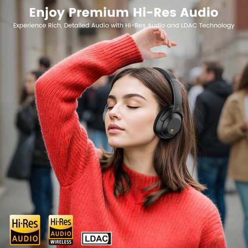 Riibox Y7Pro Hybrid Active Noise Canceling Headphones, 40 Hours Playtime,Hi-Res Audio Wireless Over-Ear Bluetooth Headphones for Home Travel Office Meetings Deep Bass - Black