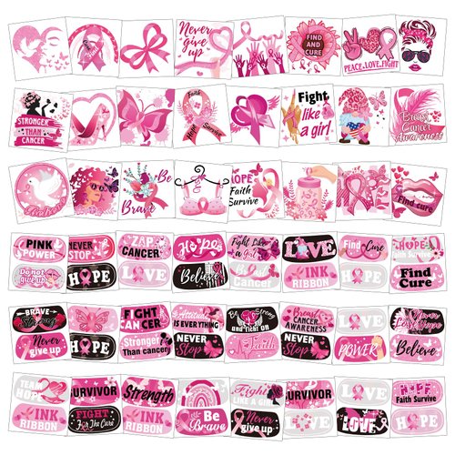 HOWAF 96 Pieces Breast Cancer Awareness Tattoos Face Tattoos Pink Ribbon Waterproof Temporary Tattoos Stickers for Girls Hope Fight Breast Cancer Party Fundraising Event Face Body Tattoo Accessories