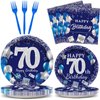 96 Pcs 70th Birthday Party Supplies Navy Blue and Silver Birthday Plates 70th Birthday Paper Tableware Happy Birthday Party Plates and Napkins Forks Blue Birthday Table Decorations for 24 Guests