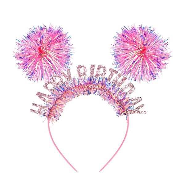 KICOSY Birthday Headbands for Girls Birthday Crown Tiara Birthday Girl Headband Party Headband Pom Pom Headband Glitter Iridescent Fringe Happy Birthday Decorations Birthday Gifts for Girls