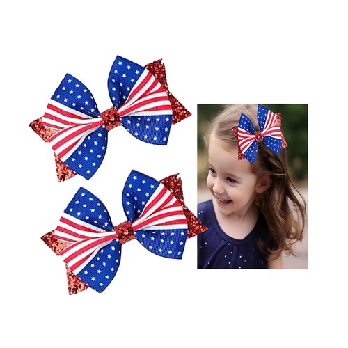 4th of July American Flag Glitter Hair Bow Clips, Blue White Red Hairpin Bow, Kids Girls Women Hair Barrette Hair Accessories. (DL11-Blue White Red)
