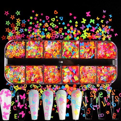 Luminous Nail Art Sequins, Fluorescent 3D Nail Glitter Flakes Design, Butterfly Flowers Stars Heart Letters Nail Decorations Holographic Acrylic Supplies Accessories False Nails Manicure Confetti Kit