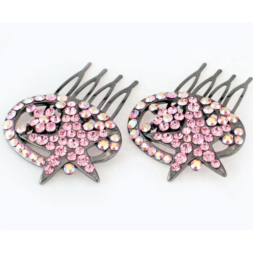 Janefashions 2Pcs Star Pink Austrian Rhinestone Cystal Hair Side Combs Barrette Clip B131p