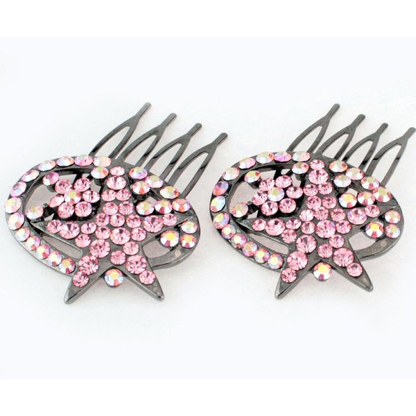 Janefashions 2Pcs Star Pink Austrian Rhinestone Cystal Hair Side Combs Barrette Clip B131p