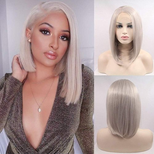 xiweiya 14inch Silver Grey Lace Front Wigs Short Cut Grey Synthetic Lace Front Wigs Middle Parting Heat Resistant Fiber Wigs For Women Platinum Gray Wigs