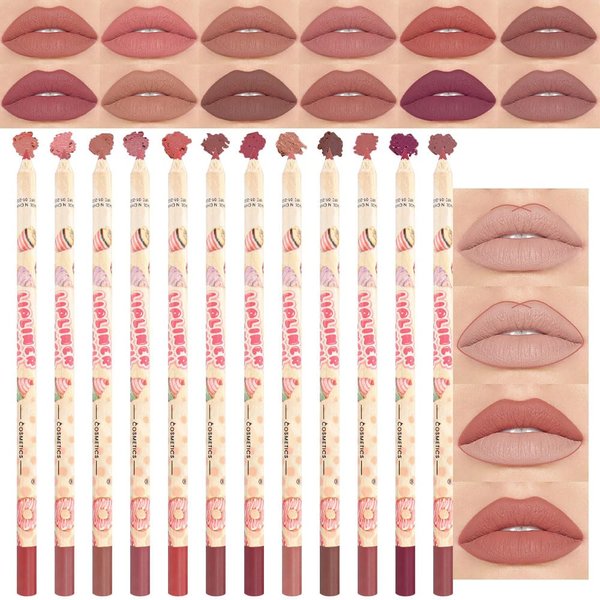 WanTuoluo 12 Pcs Natural Nude Brown Beige Colors Lip Liner Lipstick Pencils Set for Daily Makeup,Easy to Apply & Remove,Waterproof (set15)