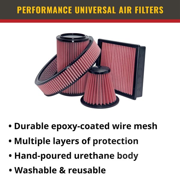 Airaid 700-458 Universal Clamp-On Air Filter: Round Tapered; 4 Inch (102 mm) Flange ID; 7 Inch (178 mm) Height; 7 Inch (178 mm) Base; 4.625 Inch (117 mm) Top