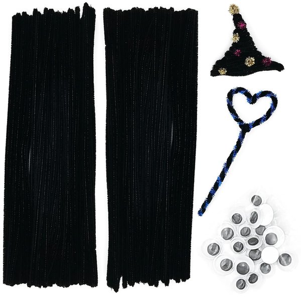 Cldamecy 200 Pieces Pipe Cleaners Set with 20 pcs Googly Eyes,Black Chenille Stems Pipe Cleaners Supplies for DIY Craft Projects and Decorations