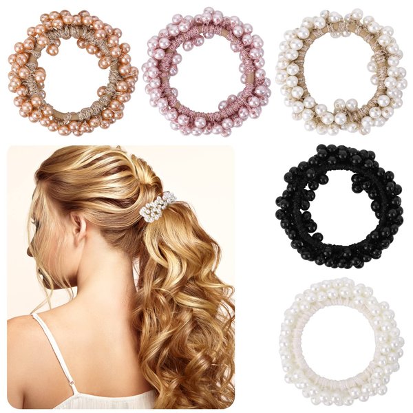 5PCS Pearl Hair Ties Elastic Hair Scrunchies Fancy Stretchy Rhinestone Hair Bands Bead Ponytail Holders Hair Ropes Hair Accessories for Women and Girls Gift (Champagne Pink Pearl white Black White)