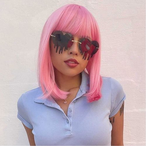 Rosa Star Short Bob Wig with Bangs Straight Synthetic Hair Wigs for Women (Ash Pink)