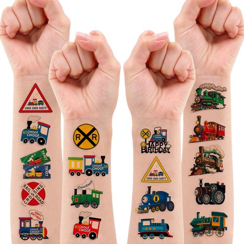 8 Sheets (96PCS) Train Temporary Tattoos Trains Transportation Theme Birthday Party Supplies Decorations Favors Decor Stickers For Kids Gifts Classroom School Prizes Rewards