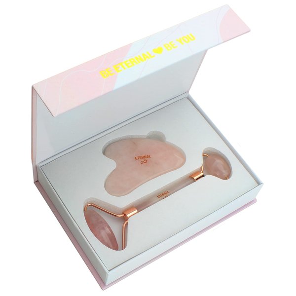 Eternal Rose Pink Jade Facial Roller Stick & Gua Sha Stone Rock Massager - Anti-Aging Facial Massage Set, Lifting, Sculpting, Toning and Jaw Massage Kit for Face Skin Care