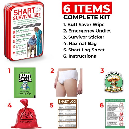 Shart Survival Set - Funny Gag Gift 2024 Boyfriend Gifts Includes Disposable Underwear, Hazmat Bag, Wet Wipe and More! Unique Stocking Suffers for Men Birthday Husband Teens Potty Humor Prank Him Fart