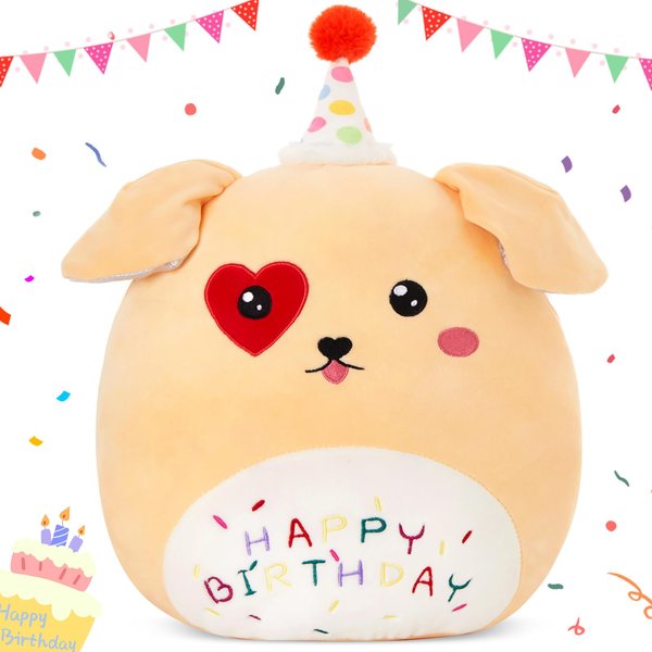 BSTAOFY 14'' Cute Happy Birthday Puppy Soft Plush Pillow Birthday Dog Stuffed Animal Birthday Gifts for Girls Boys Baby Kids