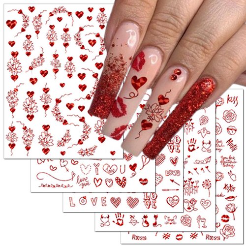 TailaiMei Valentine's Day Metallic Nail Art Stickers, Abstract Minimalist Self-Adhesive Kiss Love Hug Glittering Design for Women Manicure DIY or Nail Salon(934pcs, 12 Sheets)