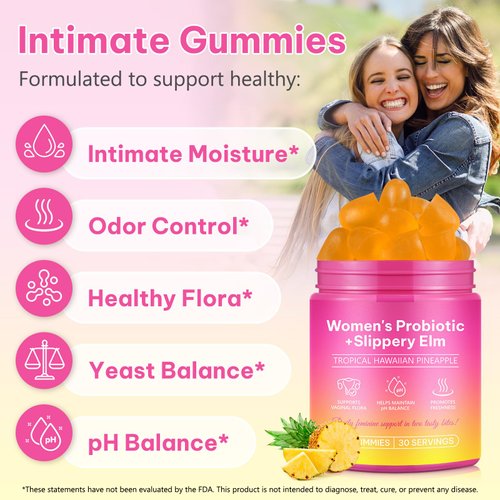 Feminine Probiotics Gummies for Women Probiotic Gummies with Slippery Elm | Natural Pineapple Flavor | Supports Feminine pH Balance & Comfort | 60 Vegan Gummie for Daily Wellness