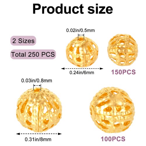 Nuorest 250pcs Round Gold Spacer Beads, Brass Spacer Beads with Hollow Out Style, Gold Beads for Bracelets Necklace Making Crafts, Small Filled Beads (6mm, 8mm)