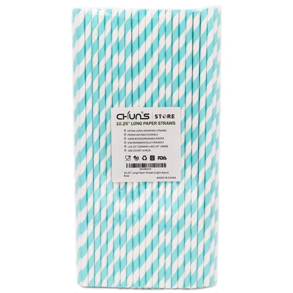 Aqua Paper Straws 10 Inch Extra Long - for Tall Drinks, Baby Shower, Parties, Cocktails - 100 Counts