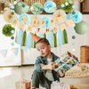 Sage Green and Blue Birthday Decorations Boy Olive Sage Green and Light Blue Birthday Decorations Beige Paper Fans Pom Poms Olive Cream Tassel Garland Party with Banner Beige Gold