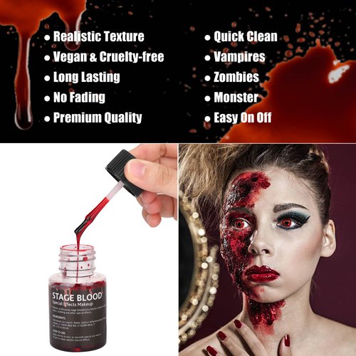 CCbeauty 2.2 Fl Oz Fake Blood Washable, Stage Blood Makeup, Safe Realistic Edible Scab Bloods for Clothes, Vampire Makeup for Halloween Costume,Theater, Cosplay, Zombie, Special Effects,SFX Makeup