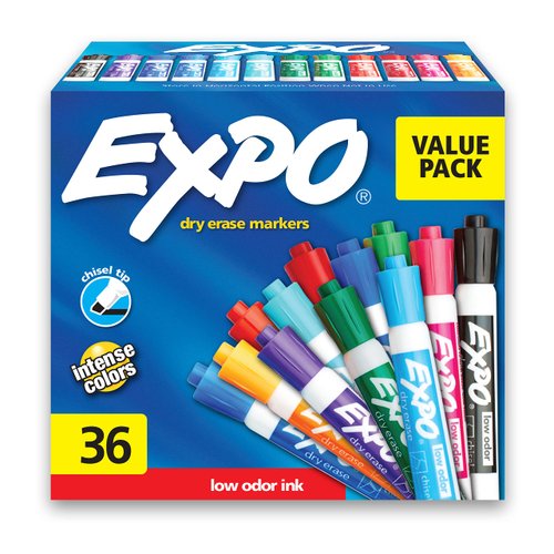 EXPO Low Odor Dry Erase Markers, Chisel Tip, Assorted Fashion Colors, 36 Count for Classroom, Office & Home Use